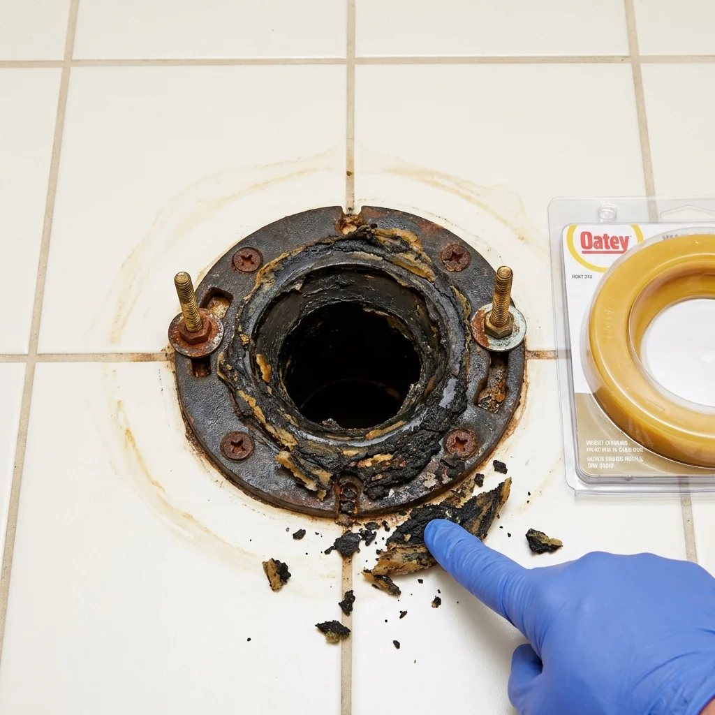 Failed wax ring showing water seepage at the base of a toilet in a Lebanon, NH home