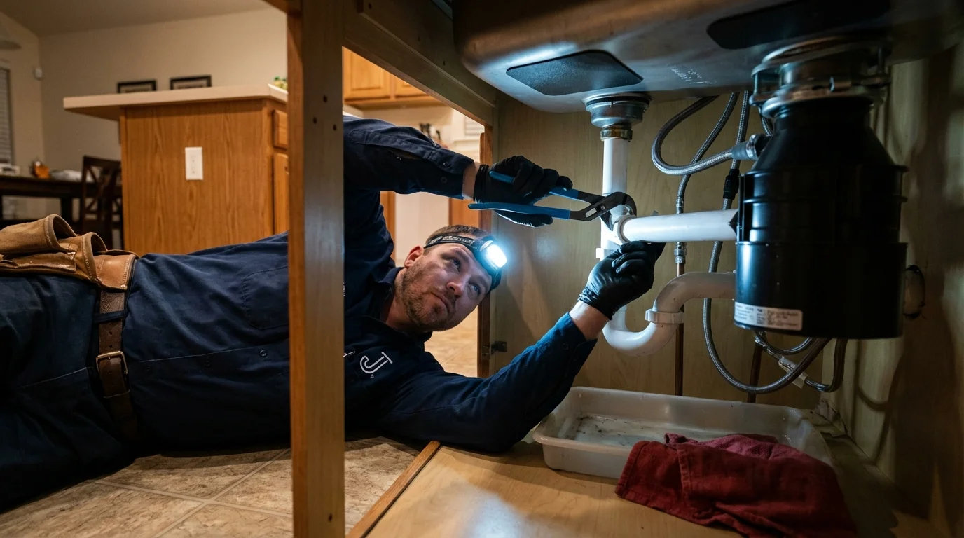 P-trap and supply line connections under a kitchen sink showing a common leak point in Lebanon, NH